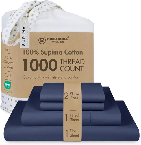 Miniatura 15 de Threadmill Sábanas 100% de algodón Supima americano, tamaño King, 1000 hilos, juego de sábanas de 4 piezas, sábana de satén suave, sábana de cama