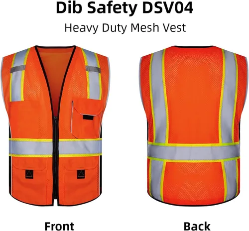 Miniatura 5 de Dib Safety - Chaleco reflectante de alta visibilidad con bolsillos de malla, cremallera y hecho con cinta 3M Naranja