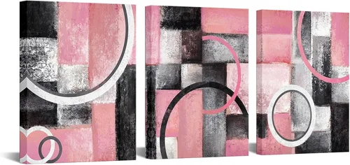 Visual Art Decor Arte de Pared en Lienzo de Círculos Geométricos Abstractos Rosa y Gris, Cuadros Enmarcados para Sala de Estar, Dormitorio,