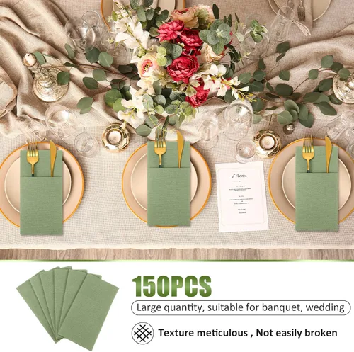 Miniatura 5 de Cindeer 150 piezas de servilletas de cena verde salvia con sensación de lino, bolsillo plano incorporado, servilletas de mano desechables de papel