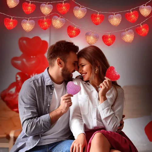 Miniatura 6 de Cadena de luces de San Valentín alimentadas por pilas, 6.8 pies, 10 luces LED de corazón con temporizador remoto, decoración de San Valentín, luz
