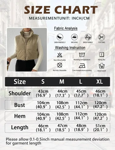 Miniatura 7 de Gihuo Chaleco acolchado de pana para mujer, con cuello alto, con cremallera, acolchado, sin mangas, chaleco