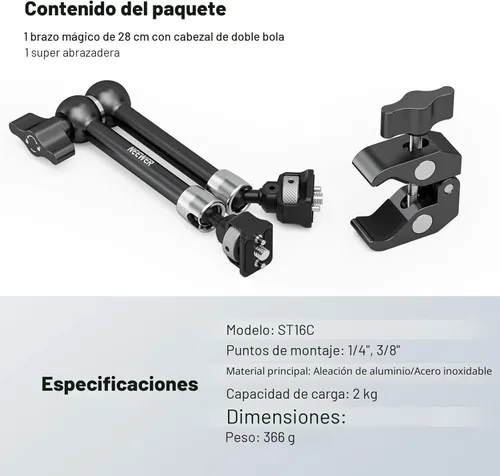 Miniatura 7 de Neewer Soporte de abrazadera de brazo mágico articulado de 11 pulgadas con súper abrazadera, soporte para monitor de cámara con pasadores y agujeros