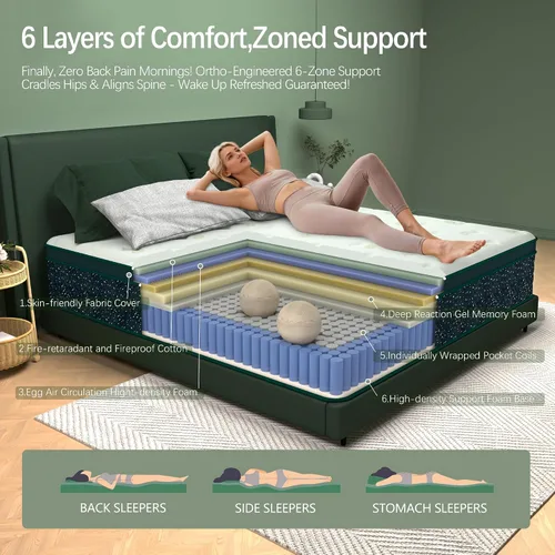 Miniatura 4 de Colchón híbrido en una caja, tamaño Queen de 14 pulgadas, colchón híbrido de espuma viscoelástica de gel tamaño Queen con resortes embolsados
