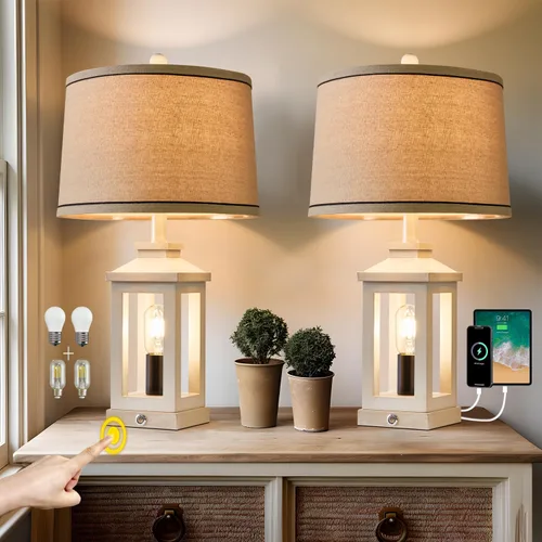 Miniatura 14 de G-SAFAVA Lámparas de mesa de granja de 23.75 pulgadas, puertos de carga USB A+C, lámpara de control táctil regulable de 3 vías, luz nocturna