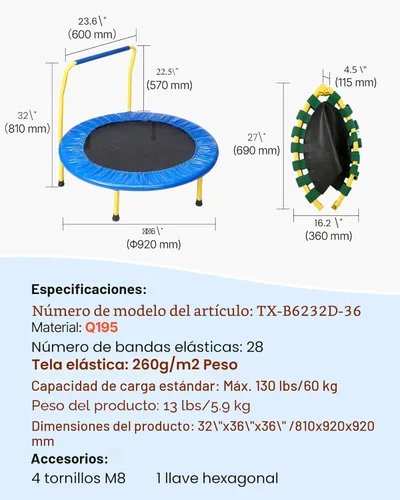 Miniatura 7 de VEVOR 3FT Trampoline for Kids, 36" Trampolines Indoor/Outdoor Trampoline for Toddlers, Foldable Mini Baby Jump Toy with Foam Handle, Recreational