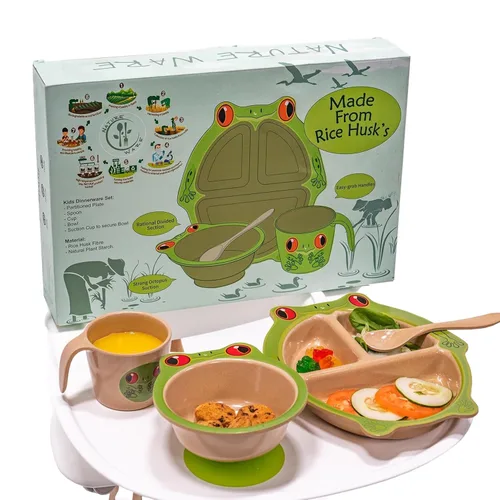 Refresh-A-Baby Juego de alimentación ecológico de cáscara de arroz para niños, 4 piezas, incluye plato dividido, ventosa, cuchara, taza, sin BPA,