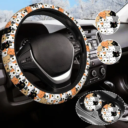 Miniatura 7 de Funda para volante de camuflaje verde para mujeres y hombres con 2 posavasos de automóvil, fundas universales de 14.5 a 15 pulgadas, accesorios