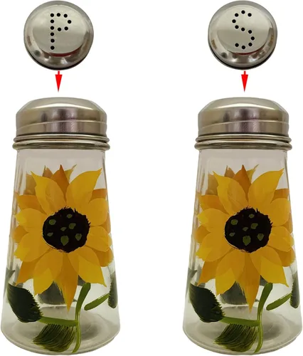 Ritadeshop Juego de salero y pimentero pintado a mano con tapas de acero inoxidable S y P (2, girasoles)
