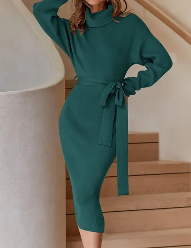 Miniatura 36 de ZESICA - Vestido por debajo de la rodilla de suéter, de cuello alto, para mujer, de manga larga, de punto acanalado, con abertura y cinturón
