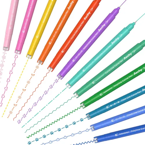 AECHY - 12 bolígrafos curvos de colores para tomar notas, bolígrafos de doble punta con 10 formas de curva diferentes y líneas finas de 12 colores,