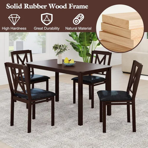 Miniatura 3 de Giantex Juego de mesa de comedor de 5 piezas para 4, mesa de cocina rectangular de 47 pulgadas y 4 sillas con patas de madera de goma, asiento