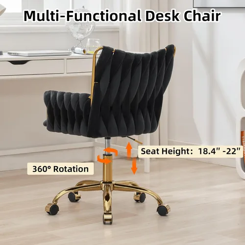 Miniatura 5 de ABET Silla de Escritorio de Terciopelo con Ruedas, Linda Silla de Oficina Giratoria Tapizada, Moderno Sillón Rodante Dorado Tejido a Mano con Altura