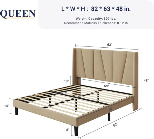 Miniatura 2 de Allewie Base de cama de plataforma tamaño Queen con cabecera geométrica con respaldo de alas, cama tapizada bohemia con soporte de listones de Beige