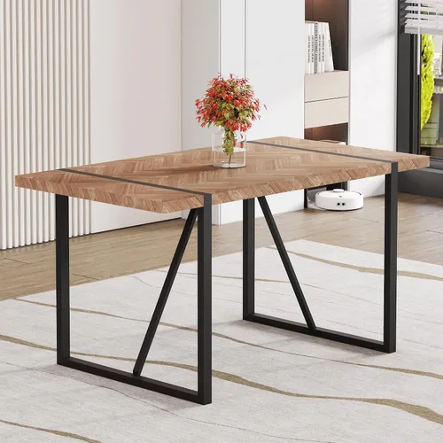 Miniatura 3 de Una mesa de comedor rectangular retro minimalista con una parte superior especialmente texturizada y patas de metal negro. Mesa de madera