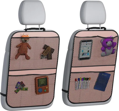 Miniatura 8 de lebogner Funda de asiento trasero para niños + organizador de almacenamiento de 3 bolsillos, paquete de 2 alfombrillas protectoras para asiento Beige