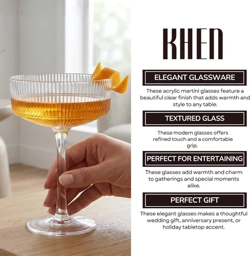 Miniatura 5 de Khen Juego de 4 vasos de cóctel vintage Art Deco inastillables de 8 onzas de acrílico transparente acanalado ondulado estilo europeo, copas