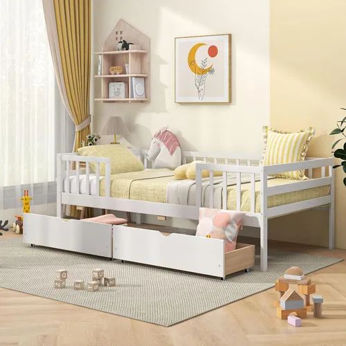 Miniatura 16 de Giantex Cama individual para niños con cajones de almacenamiento, cama Montessori de madera con rieles y estante lateral, sofá cama baja para niños