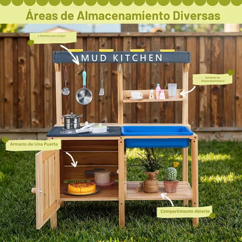 Miniatura 4 de HONEY JOY Cocina de barro, cocina de madera de cedro para niños pequeños, fregadero extraíble, accesorios de cocina, caja de maceta, armario