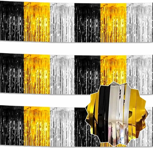 Paquete de 3 guirnaldas de flecos de papel de aluminio negro dorado plateado de 10 pies con serpentinas metálicas de oropel para colgar en la pared,