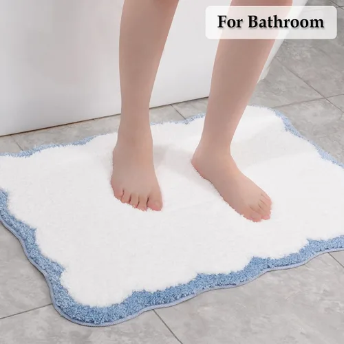 Miniatura 3 de Bonitos tapetes de baño festoneados, antideslizantes, lavables a máquina, suaves, para ducha, bañera, cocina, 24 x 17 pulgadas, color azul