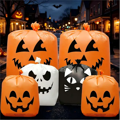 Miniatura 8 de 6 bolsas de calabaza de Halloween para césped, incluye 2 bolsas de 48 x 36 pulgadas de calabaza sonriente y 4 bolsas de basura de Halloween de 30 x