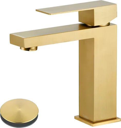 Tohlar Grifo de baño dorado, grifo dorado cepillado para fregadero de baño, grifo de baño dorado de un solo agujero, moderno grifo de lavabo de