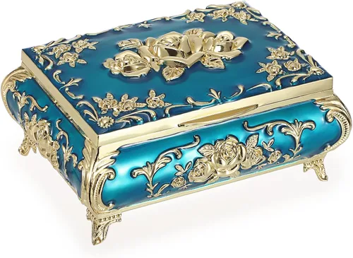 Hipiwe Joyero decorativo de metal, caja de tesoro vintage, organizador de joyas, aretes, collar, pulsera, caja de almacenamiento para anillos, caja