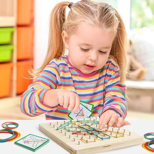 Miniatura 7 de Tablero geométrico de madera para niños - Juguete educativo Montessori STEM con tarjetas de patrones y bandas de goma, rompecabezas de formas