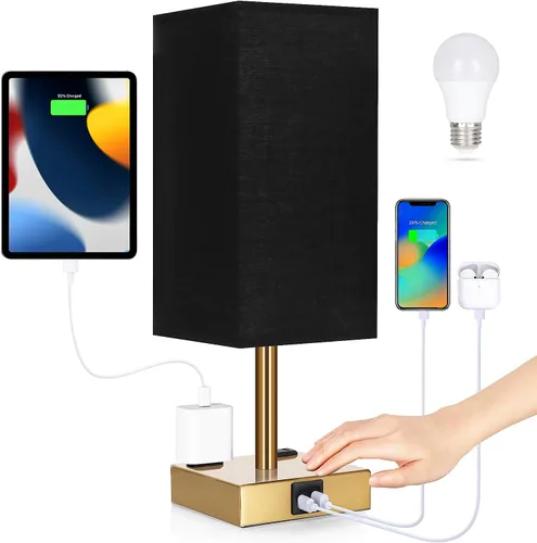 Miniatura 15 de Lámpara de mesita de noche con puertos USB - Lámpara de mesa con control táctil para dormitorio con puertos de carga USB C+A y tomas de corriente