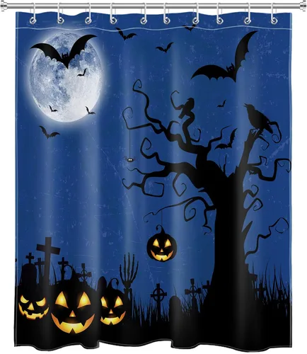Miniatura 2 de EOBTAIN Cortina de ducha de cielo nocturno azul de Halloween para baño, espeluznante calabaza y murciélago en árbol muerto en cementerio aterrador
