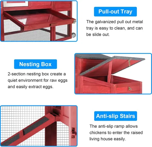 Miniatura 7 de PetsCosset Chicken Coop Backyard Chicken House - Tractor de madera para aves de corral para exteriores, con caja nido de pollo, ruedas, techo