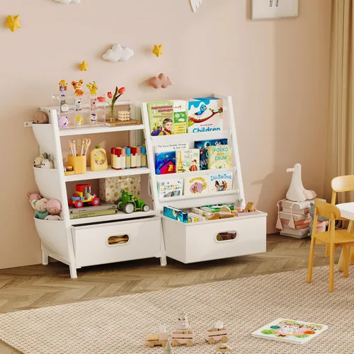 Miniatura 6 de Homeiju - Estantería para niños y organizador de almacenamiento de juguetes, estantería de 3 niveles para niños, estantería con bandeja y 2