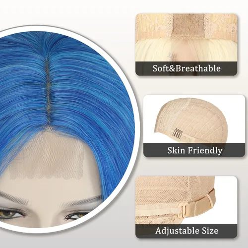 Miniatura 4 de YBYMCAI - Peluca azul larga y ondulada para mujer, parte media, peluca azul degradada de 26 pulgadas, pelo natural rizado sintético, fibra Azul