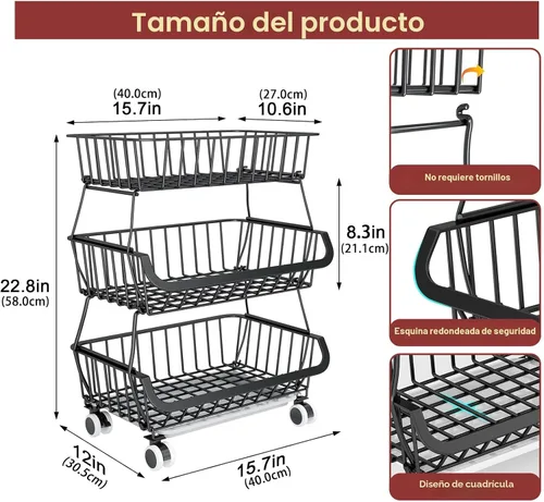 Miniatura 2 de Carrito de despensa rodante de 3 niveles con ruedas, organizador de piso de almacenamiento de alambre apilable para estantes de cocina, despensa