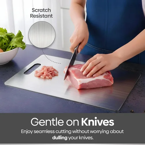 Miniatura 6 de Tabla de cortar 100% titanio puro, apto para uso alimentario y cuchillo, diseño duradero de doble cara, apto para lavavajillas para carne, pescado
