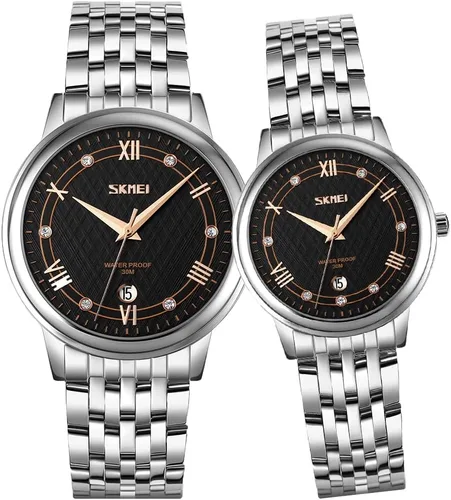 SKMEI Watches for Couples Men and Women His and Hers Pair Watch Set Husband Wife Valentines Matching Wedding Gifts Classic Stainless Luxry Business