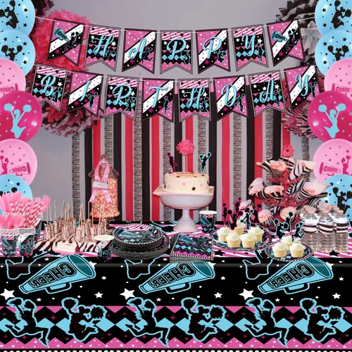 Miniatura 6 de Decoración de fiesta de porristas, paquetes de suministros para fiesta de cumpleaños de porristas, suministros de fiesta de gimnasia, incluye fondo