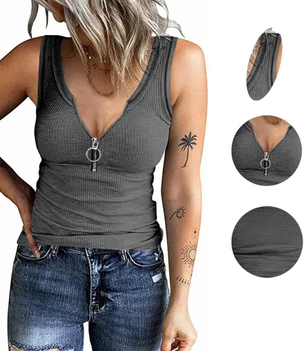 Miniatura 3 de Women's Henley Sleeveless Tank Tops Front Zipper Ribbed V Neck T Shirt Summer Slim Fit Tops Knit Shirts