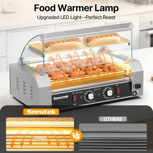 Miniatura 2 de Seeutek Rodillo para perros calientes con 7 rodillos, 24 perros calientes, capacidad de 1100 W, tostadora de perro caliente inoxidable con luz LED