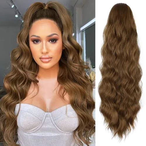 Miniatura 9 de FREEMEIGE Extensiones de cola de caballo largas onduladas con cordón para mujeres, extensiones de cabello con clip para cola de caballo, mezcla