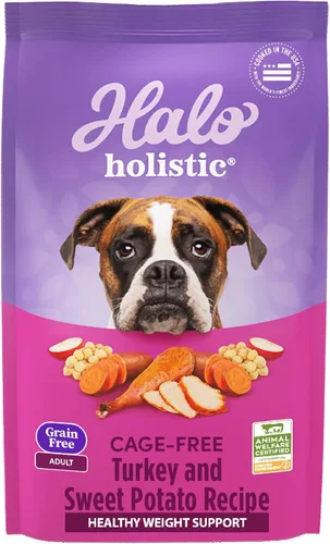 Halo Holistic - Alimento para perros con fórmula de pavo y batata sin jaula, alimento seco sin granos, para un apoyo saludable del peso, croquetas