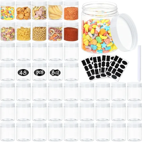 Miniatura 8 de Frascos con Tapas, 48 piezas Recipientes de Plástico de 8 oz con Tapas Etiquetas de Pluma A Prueba de Fugas Sin BPA Herméticos Rellenables