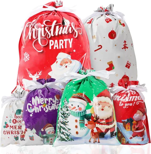 Miniatura 9 de Bolsas de regalo de Navidad con cordón, 20 bolsas de Navidad de varios tamaños para regalos, bolsas de plástico a granel, bolsas de regalo