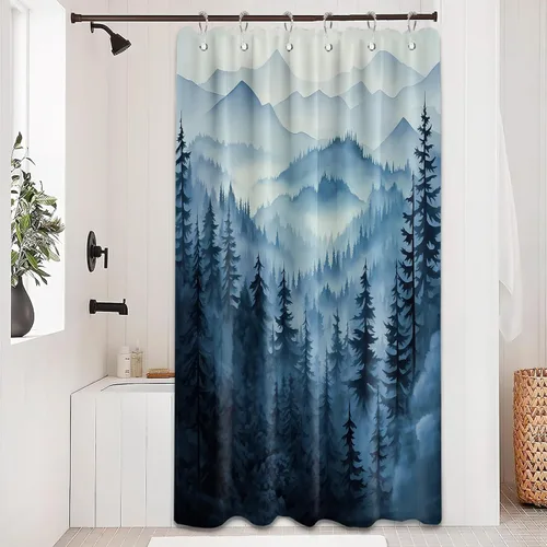 Miniatura 19 de Cortina de ducha azul marino de bosque Cortina de ducha azul oscuro de montaña y naturaleza para decoración de baño de hombres, tela impermeable