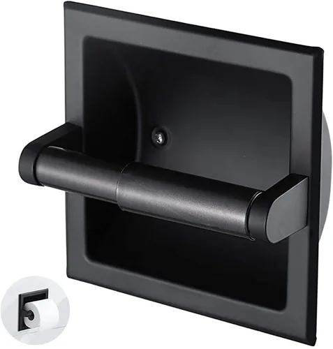 Soporte de papel higiénico empotrado, soporte de pared de metal negro para rollo de papel higiénico para baño, diseño duradero y resistente que