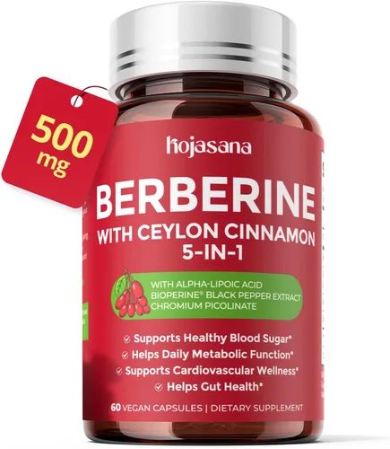 Complejo de berberina 5 en 1 de 500 mg con extracto de canela de Ceilán, cromo, ALA y pimienta negra, apoyo al sistema inmunológico* y bienestar