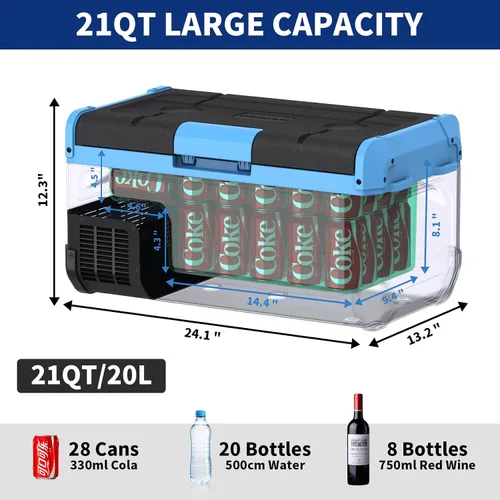 Miniatura 4 de Refrigerador portátil para auto de 20L, refrigerador con congelador de una zona de 21QT con evaporador de expansión por soplado, puerta reversible