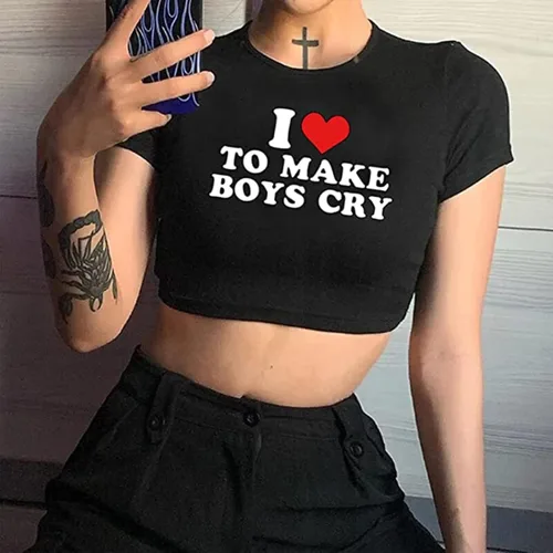 Miniatura 2 de Kavousa Camiseta corta con texto en inglés "I Love My Boyfriend" de manga larga Y2K, camiseta de gran tamaño para mujeres, adolescentes y niñas