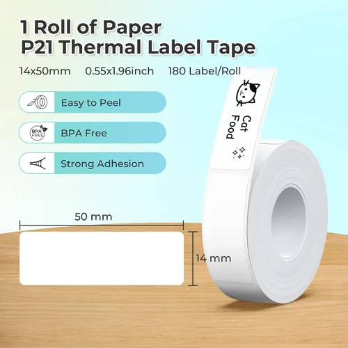Miniatura 2 de Cinta para hacer etiquetas genuina Nelko P21, papel de impresión de etiquetas adaptado, 14x50mm (0.55"x1.97"), etiquetado laminado estándar de while